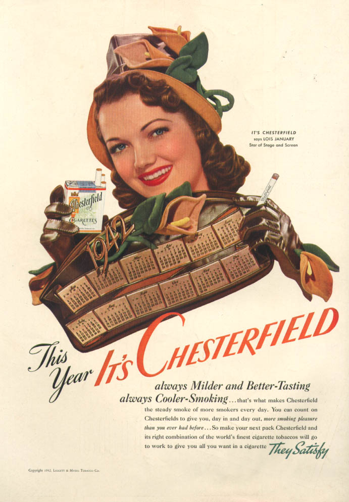 Lois January for Chesterfield Cigarettes ad 1942 New Yorker