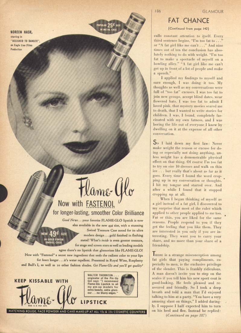Noreen Nash for Flame-Glo Fastenol Lipstick ad 1948