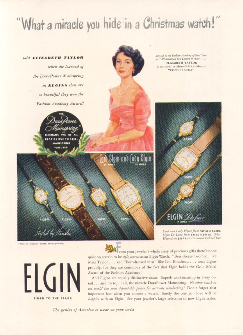 Elizabeth Taylor for Elgin Wristwatches ad 1949