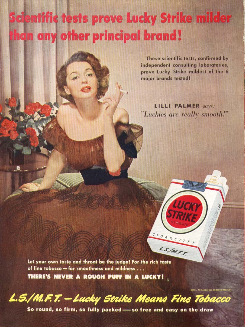 Lilli Palmer for Lucky Strike cigarettes ad 1950 Newsweek