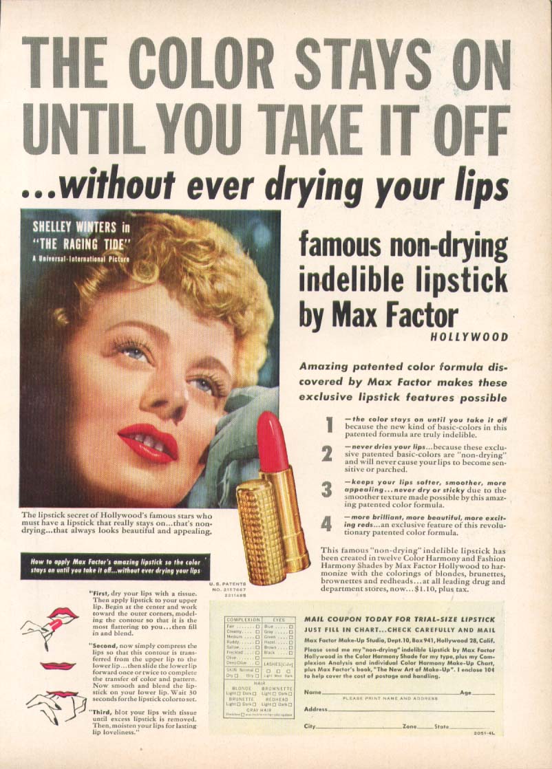 Shelley Winters for Max Factor Lipstick ad 1951