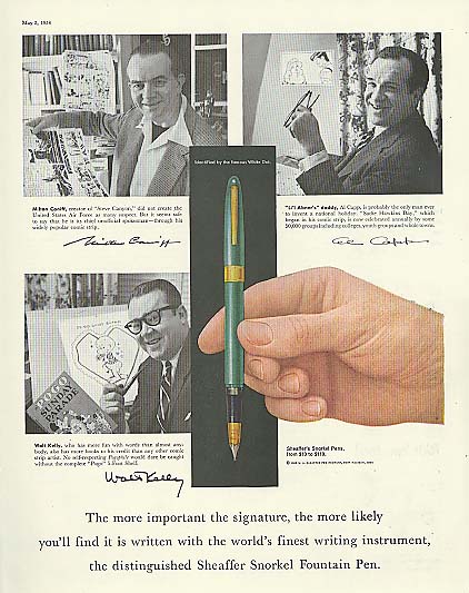 Milton Caniff Al Capp Walt Kelly for Sheaffer Snorkel Fountain Pen Ad