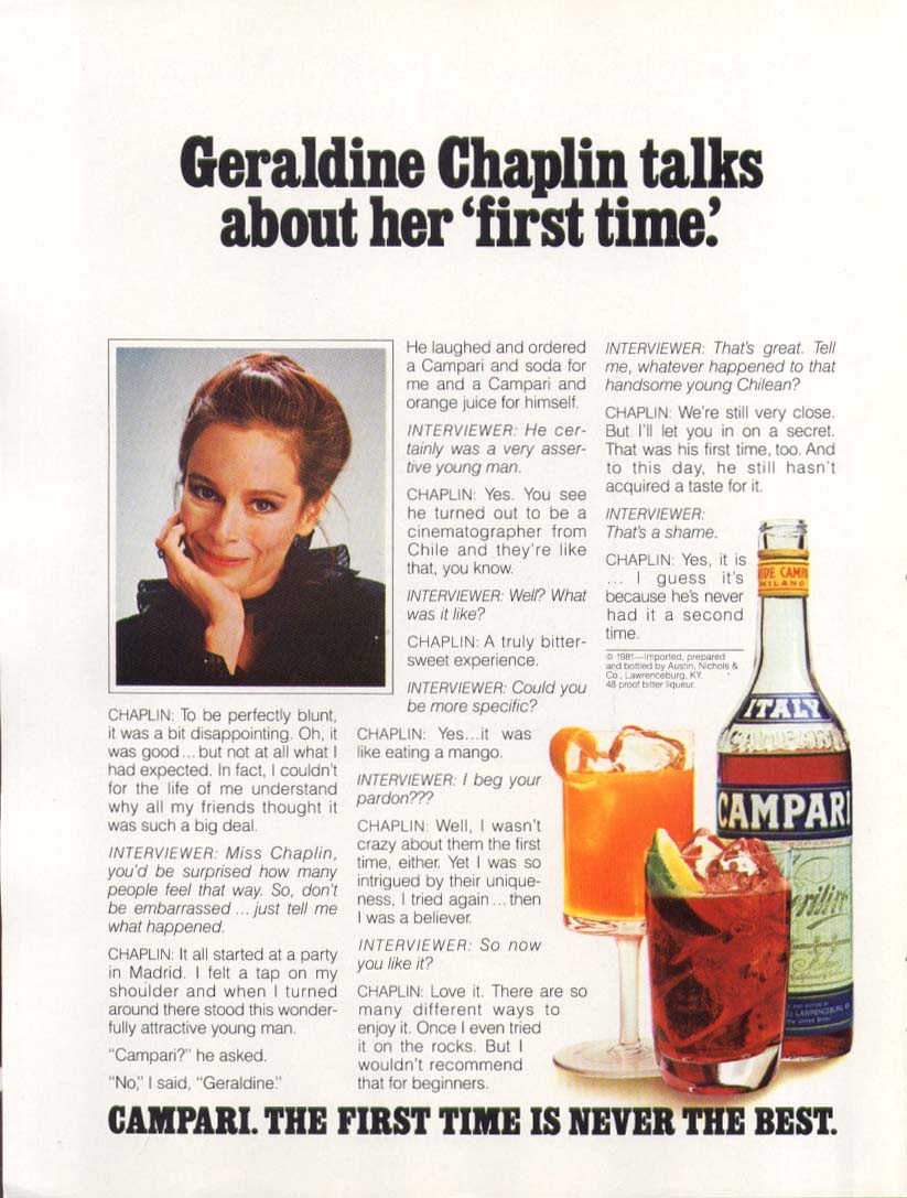 Geraldine Chaplin for Campari Aperitif ad 1981