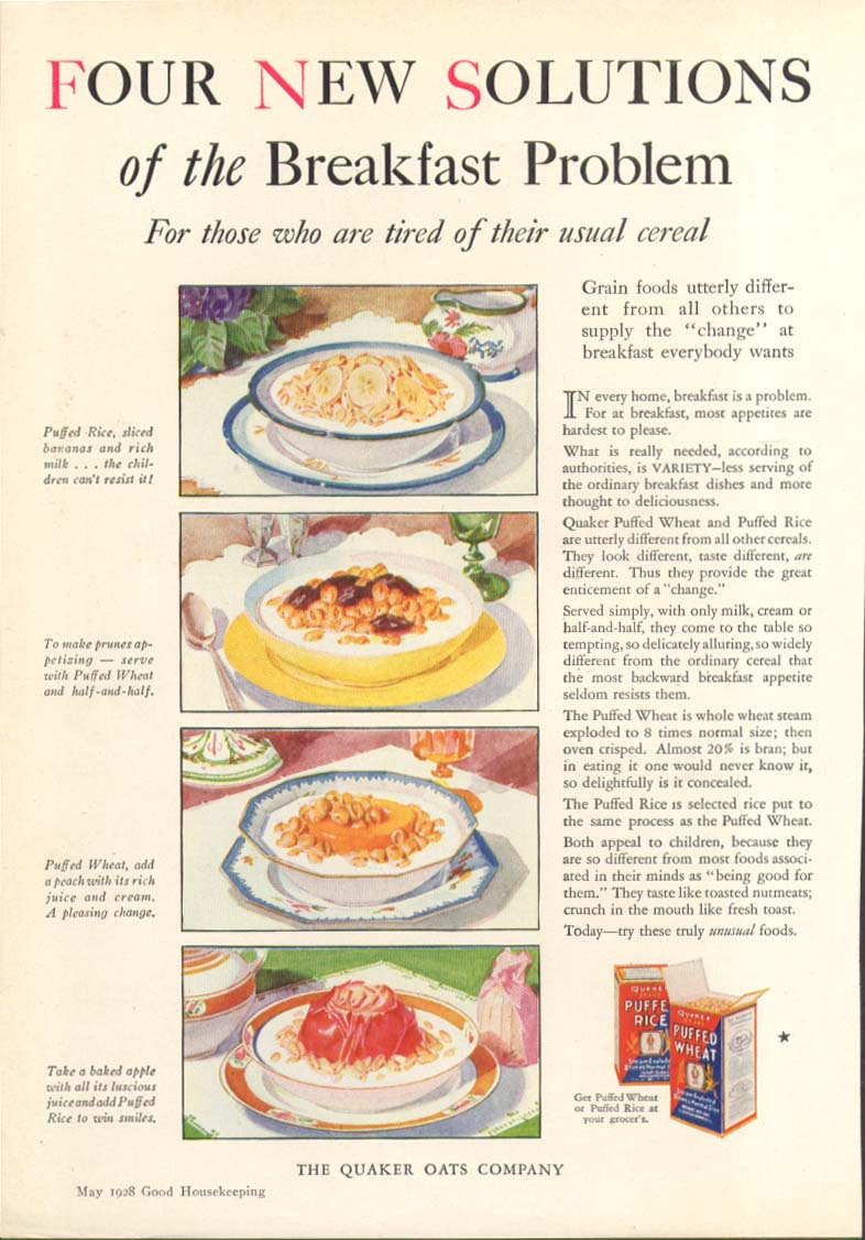 Four New Solutions Quaker Puffed Rice & Wheat ad 1928