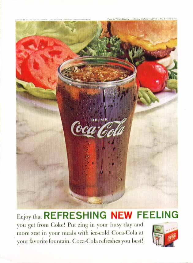 Enjoy that refreshing new feeling Coca-Cola ad 1961 frosty glass & burger