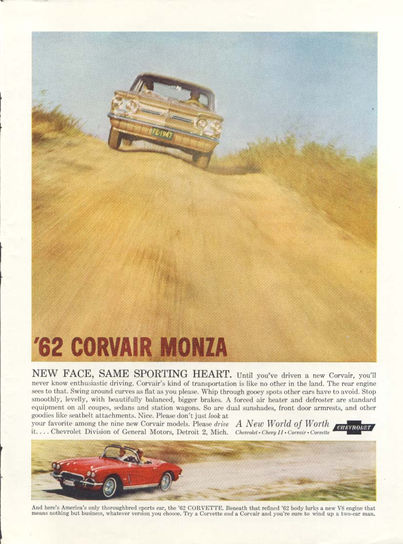 New Face Same Sporting Heart Corvair & Corvette ad 1962 US News