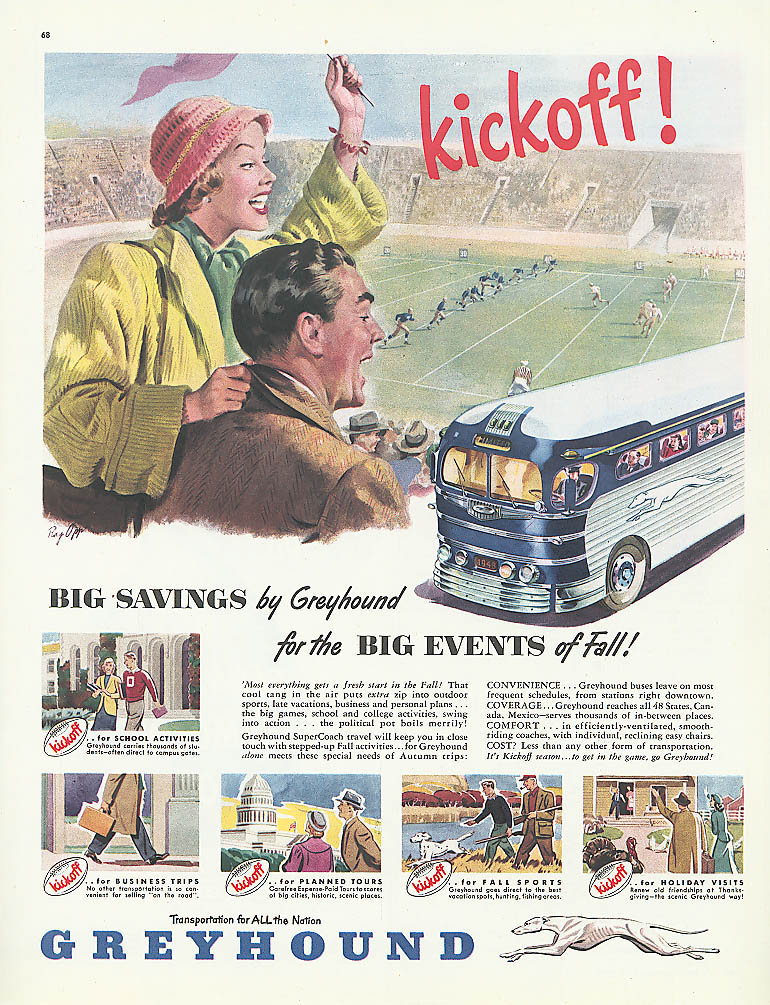 Kickoff! Big Savings! 1948 Greyhound bus ad football