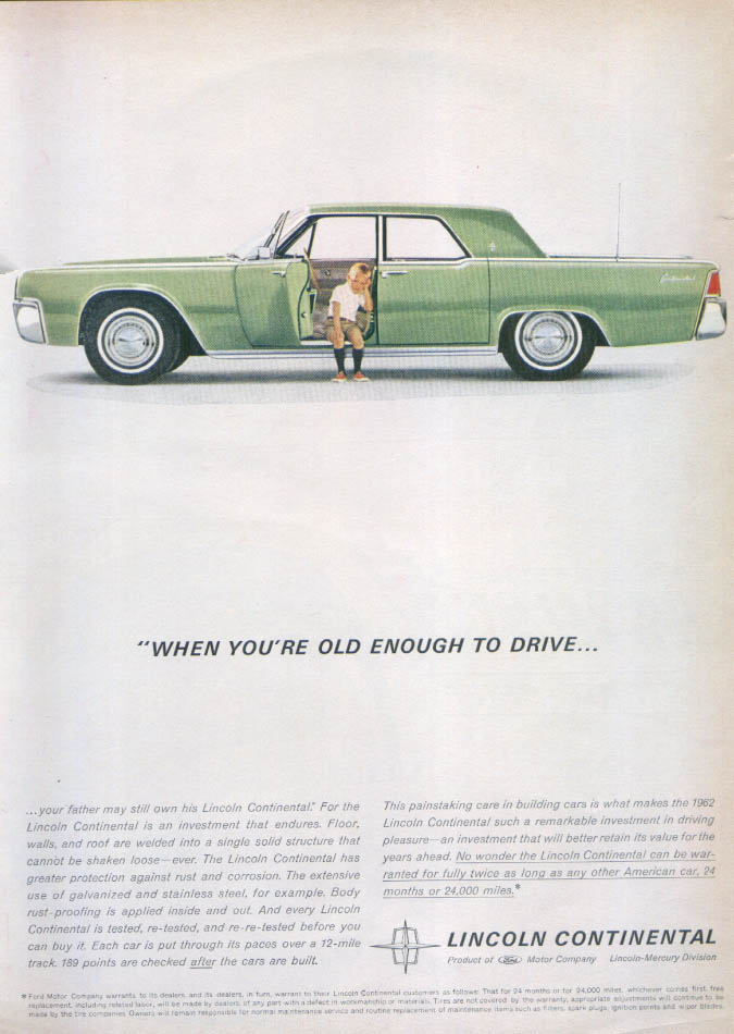 Lincoln Continental ...old enough to drive ad 1962