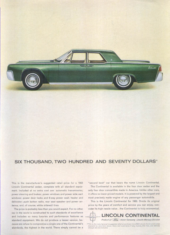 Lincoln Continental Suggested Retail $6,270 ad 1963