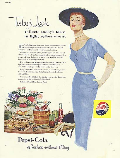 Today's Look Pepsi-Cola ad 1954 sheath dress big hat redhead