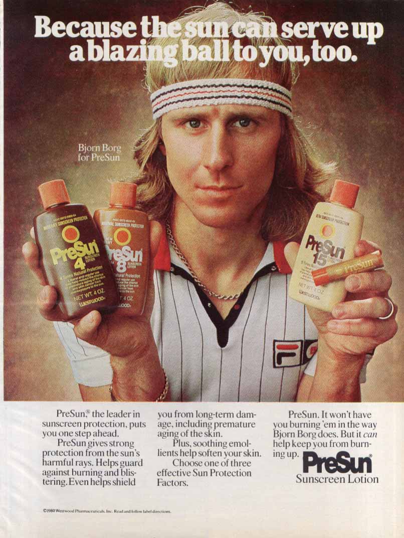 Tennis Champ Bjorn Borg PreSun Sunscreen ad 1980