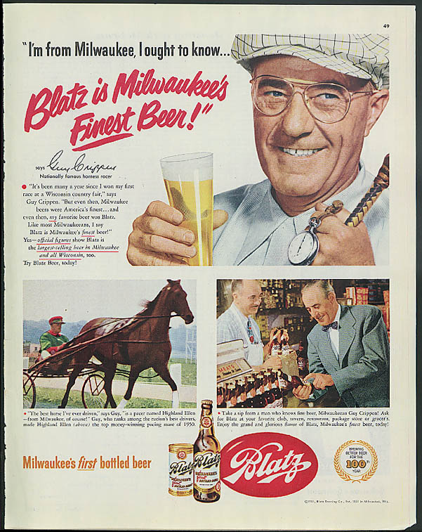 Harness racing driver Guy Crippen I'm from Milwaukee Blatz Beer ad 1951