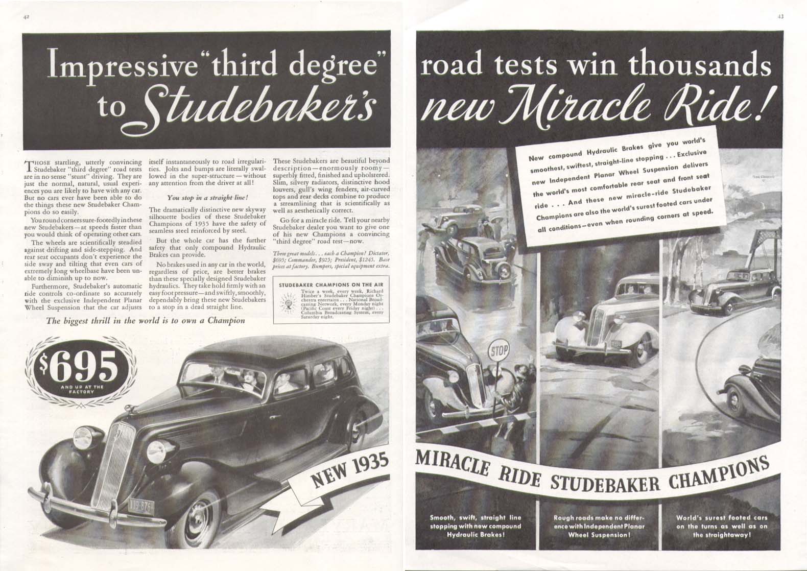 Third degree road tests wins Studebaker ad 1935