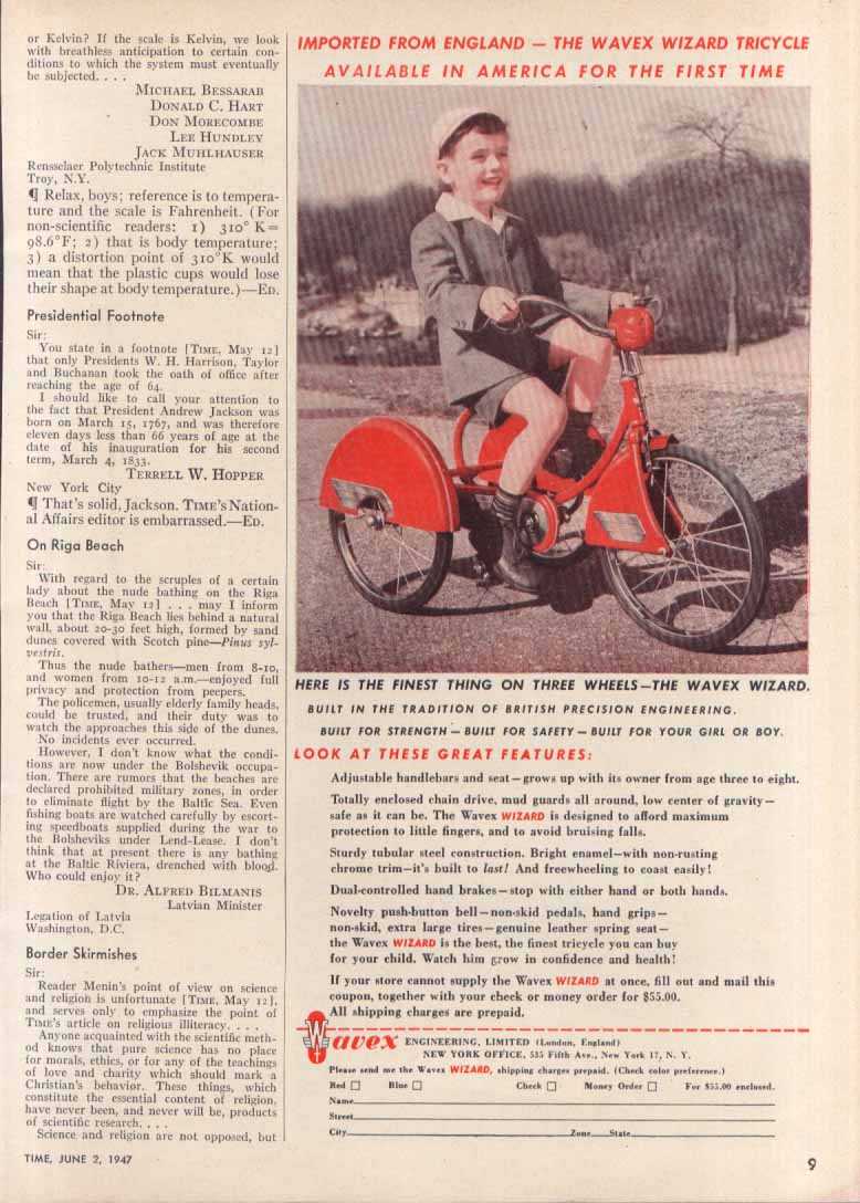 Finest Thing on 3 Wheels Wavex Wizard Tricycle ad 1947  