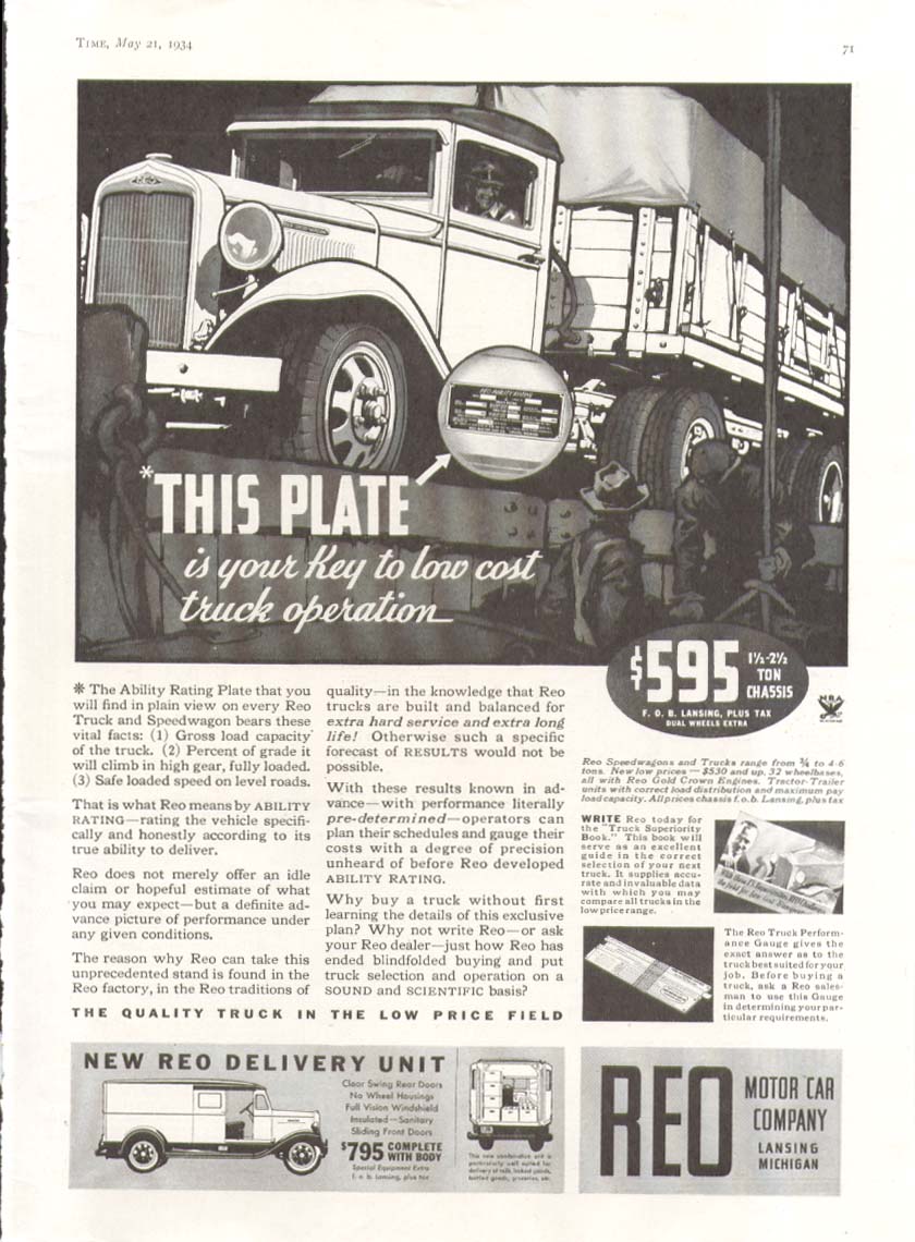 This plate is your key to low cost Reo Truck ad 1934