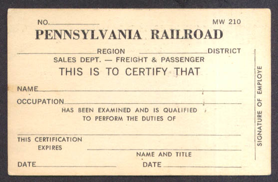 Pennsylvania RR Certification for Duties card ca 1950s