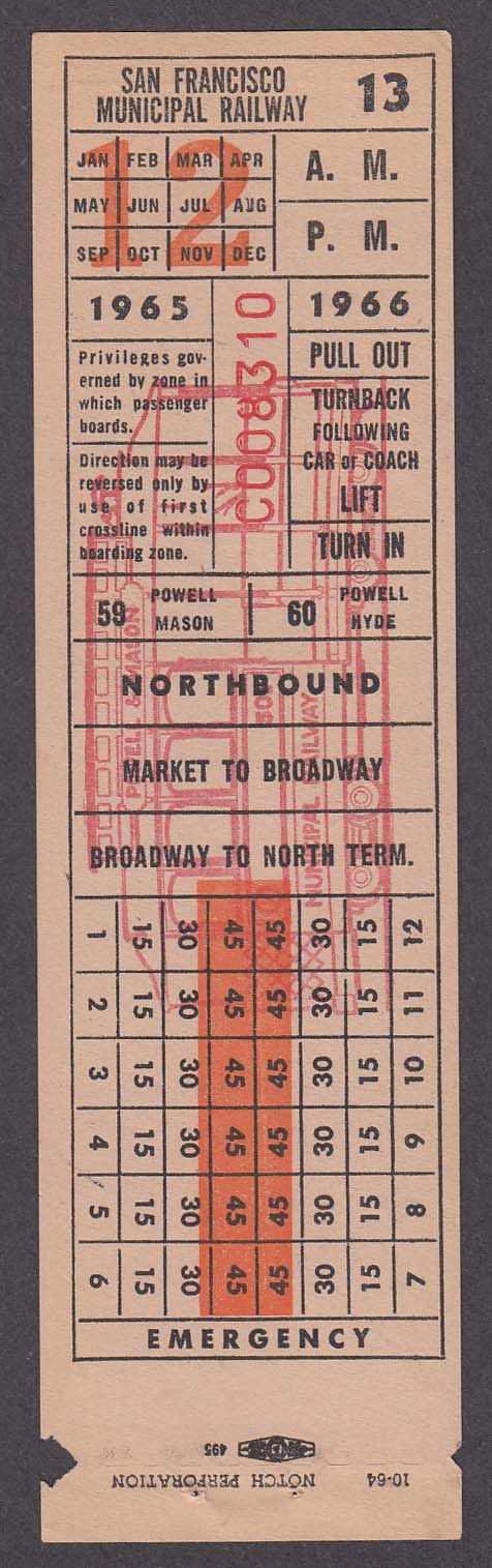 San Francisco Municipal Railway transfer 1965 1966