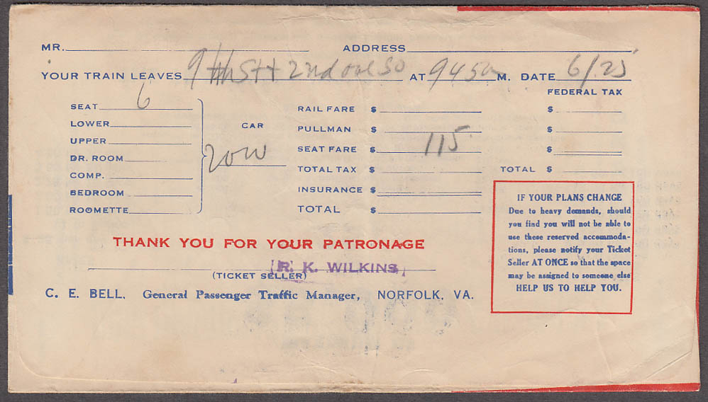 Seaboard Air Line railroad ticket envelope used 1940s