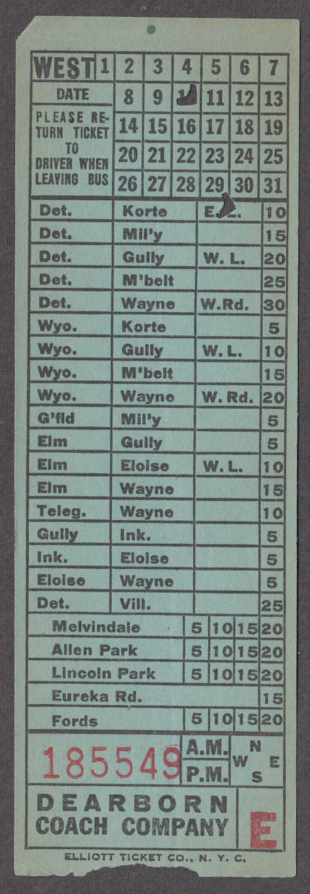 Dearborn Coach Company bus transfer ticket West Bound ca 1940s