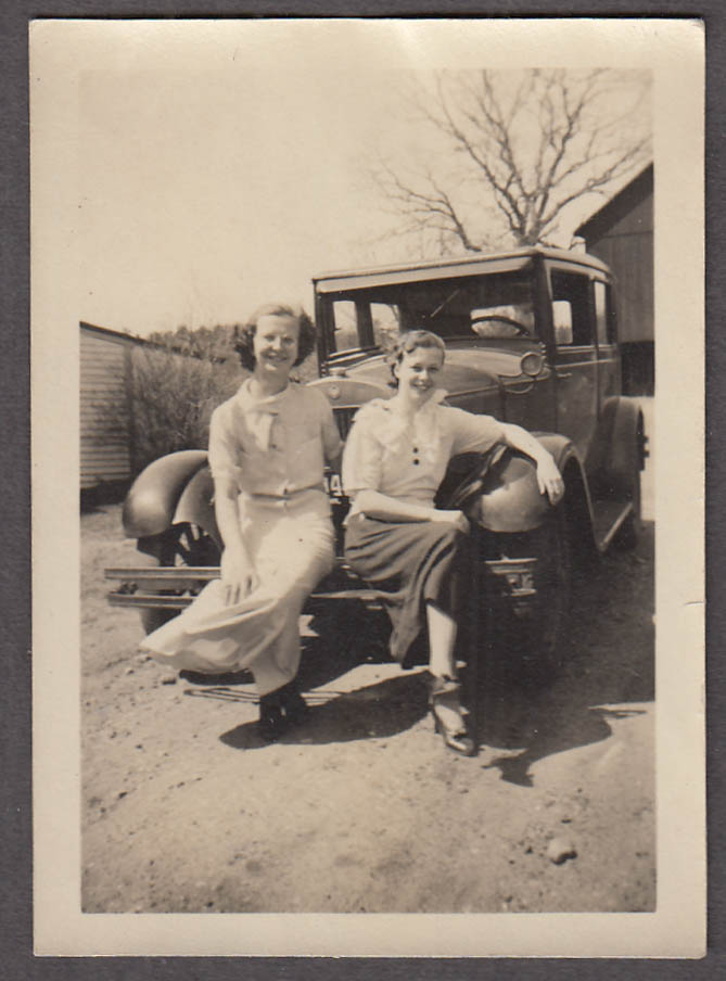 Two pretty girls on front bumper of an Essex? vernacular snapshot CT 1920s