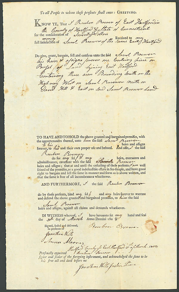 1808 deed Samuel Brewer-Reuben Brewer E Hartford CT