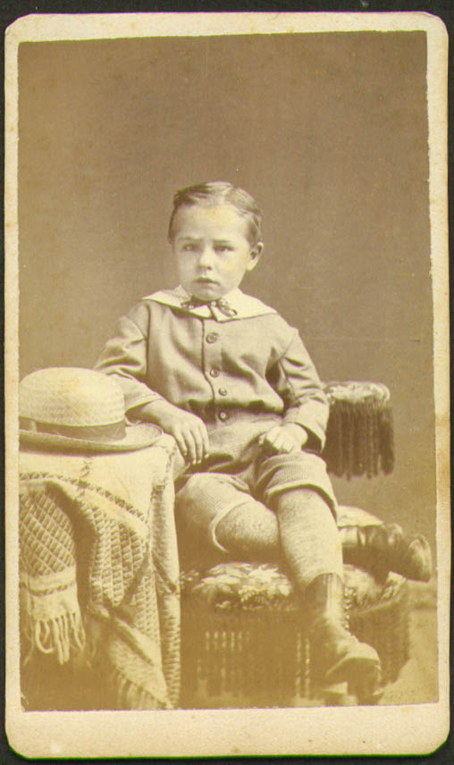 Seated young boy straw hat CDV no place