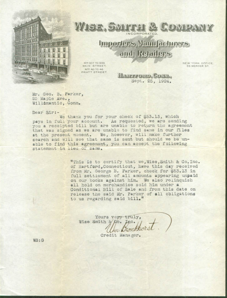 Wise Smith Importers Retailers Hartford CT letter 1924