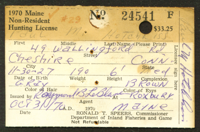 1970 Maine Non-Resident Hunting License