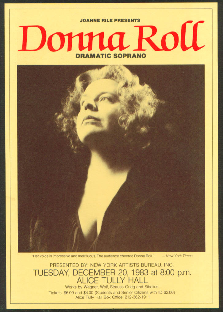 Soprano Donna Roll flyer Lincoln Center 1983