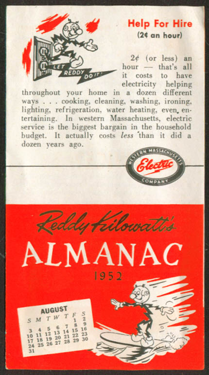 Reddy Kilowatt Almanac Western Mass Electric 8/1952  