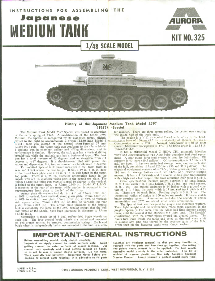 Japanese 2597 Tank Aurora Model Kit Instructions 1969  