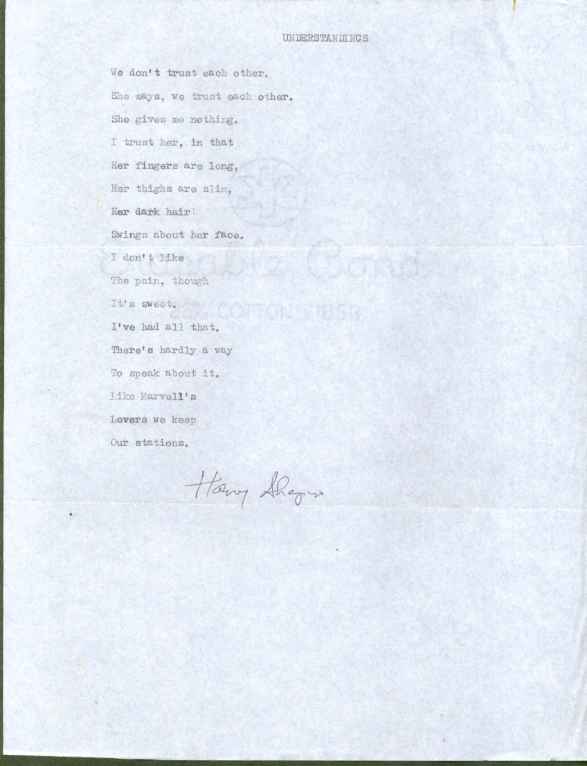 Poet Harvey Shapiro SIGNED typed poem 