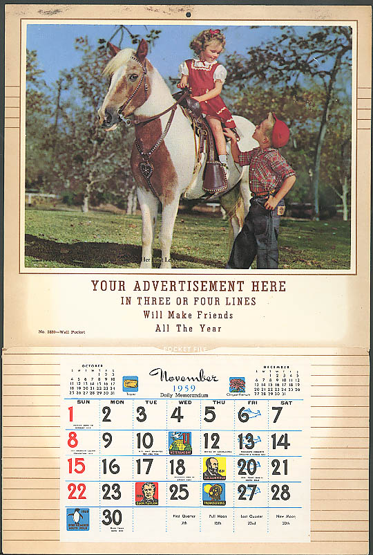 Girl & Boy & Pony Salesman's Sample Calendar 1959