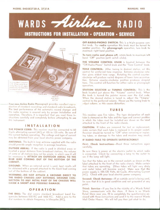 Wards Airline Radio & Turntable Instructions 1940s