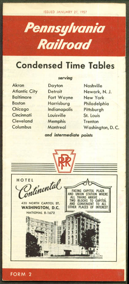 Pennsylvania Railroad Condensed Time Tables 1/27 1957