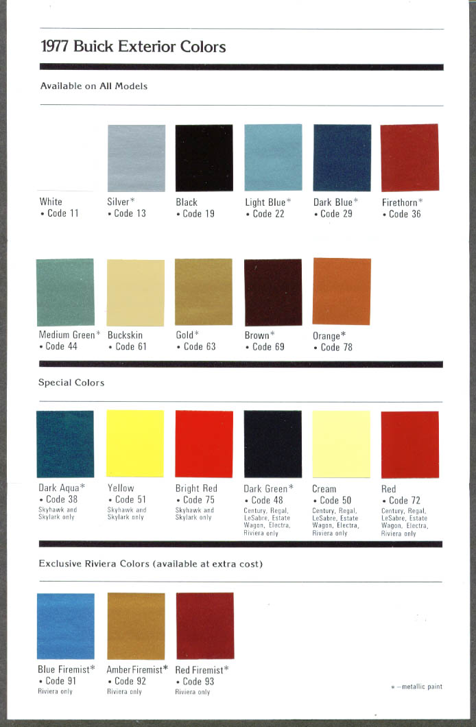 1977 Buick Exterior Colors paint chip chart