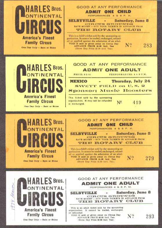 Charles Bros Circus group of five tickets various sites