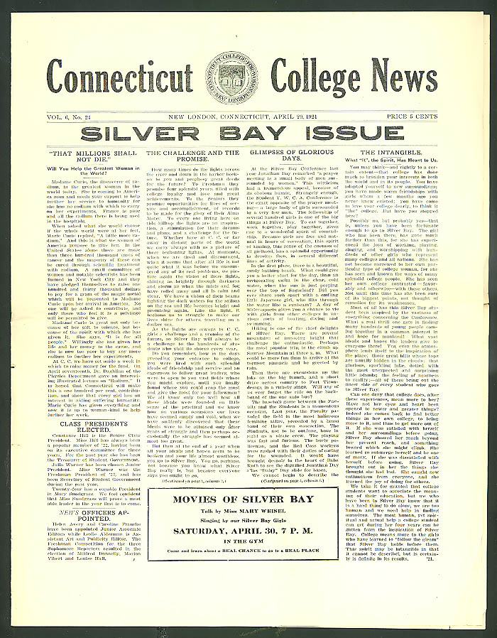 Silver Bay Issue CONNECTICUT COLLEGE NEWS New London CT 4/29 1921