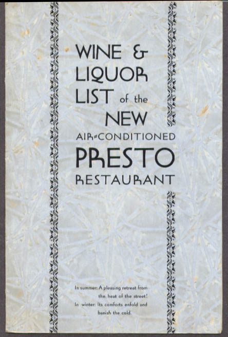 Presto Restaurant Wine & Liquor Menu 1939