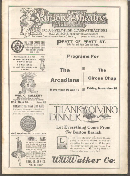 The Arcadians The Circus Chap Parsons' Theatre program Hartford CT 1910