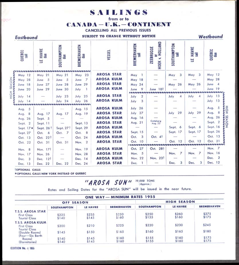 Revised Sailing Schedule 4 1955 T s s Arosa Star Arosa Kulm