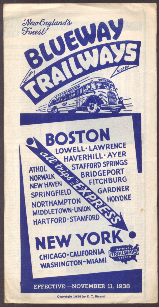 Blueway Trailways Bus Schedule Boston New York 11/11 1938  