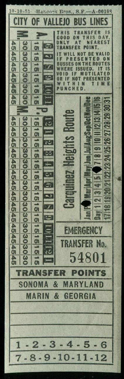 City of Vallejo Bus Lines Carquinez Heights Route transfer 1951