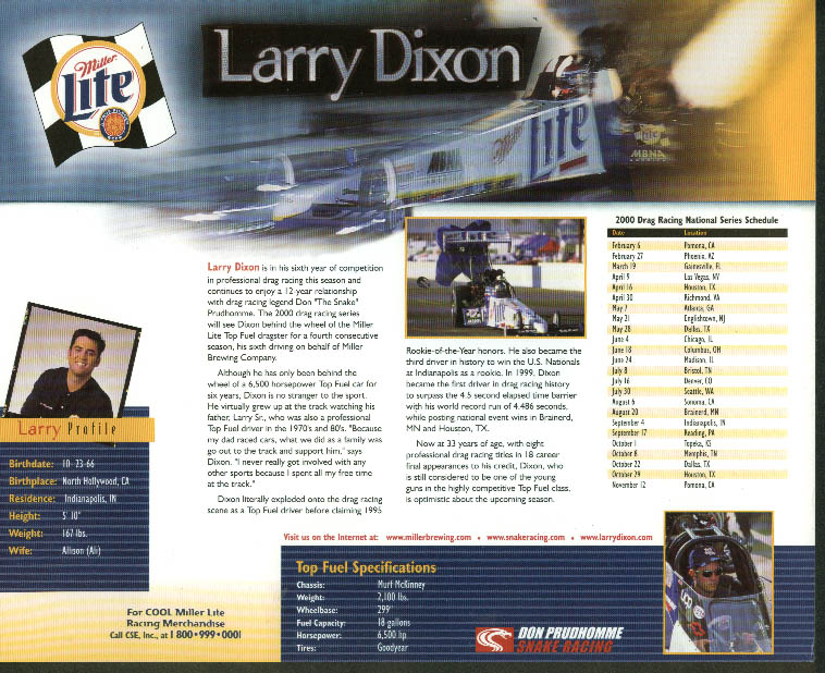 Larry Dixon Miller Lite Don Prudhomme Racing Top Fuel NHRA print 2000