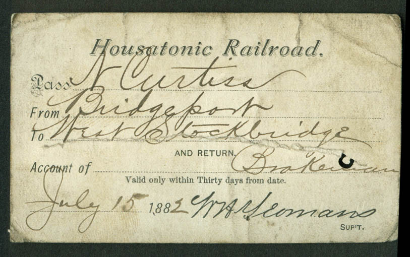 Housatonic Railroad 30 Day Pass Bridgeport Ct w Stockbridge MA 1882