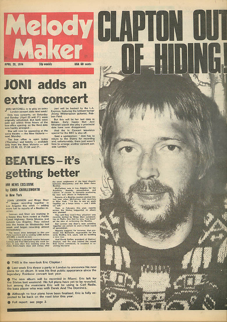 MELODY MAKER Eric Clapton Beatles Joni Mitchell Allman Brothers 4/20 1974