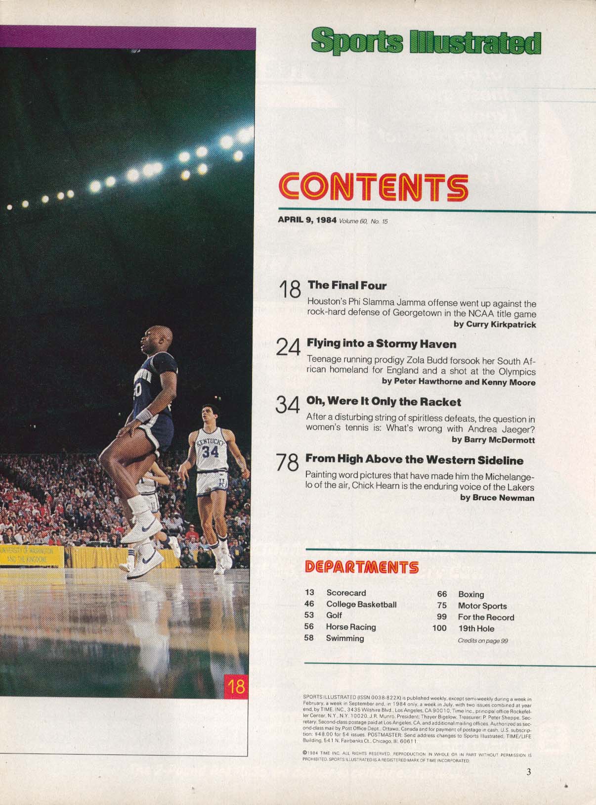   ILLUSTRATED Zola Budd Andrea Jaeger Chick Hearn Houston NCAA 4/9 1984