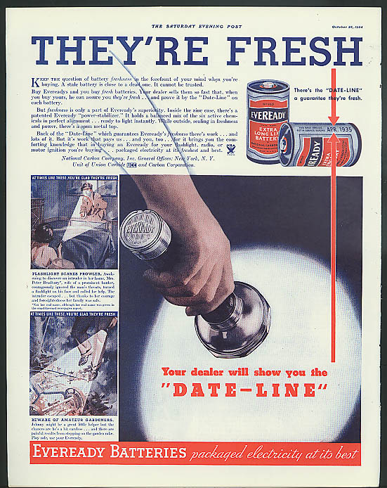 They're fresh! Eveready Flashlight & Battery ad 1934