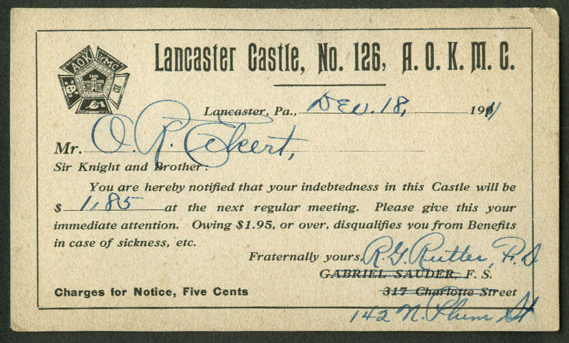 Knights of the Mystic Chain Lancaster Castle #126 Dues Notice card 1911 PA