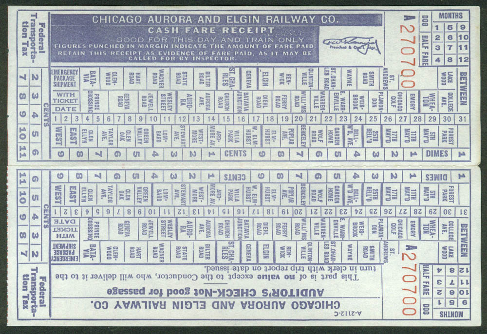 Chicago Aurora & Elgin Railway Cash Fare Receipt undated